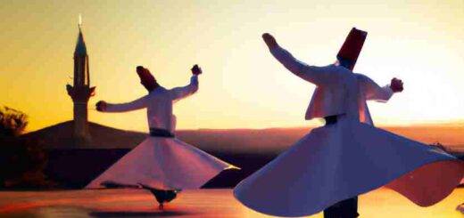 Whirling dervishes in konya with sunset